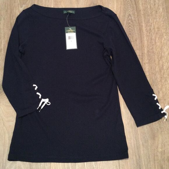 New LRL Lauren Jeans Navy Blue boat neck T -Shirt M - Picture 1 of 5